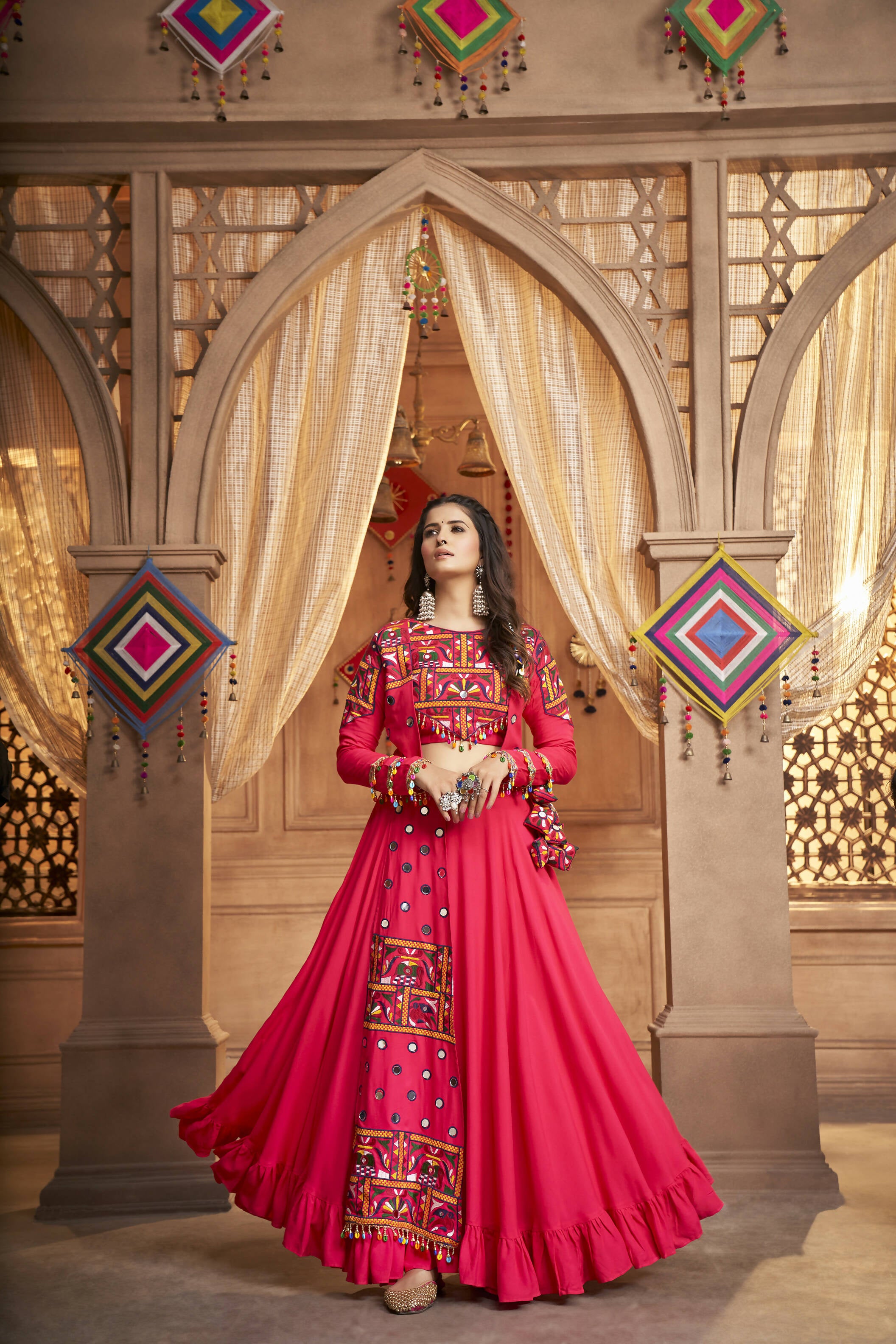 Rani Pink Viscose Rayon Thread Embroidered Work With Mirror All Over Navratri Lehenga Choli With Dupatta - Raas - Distacart