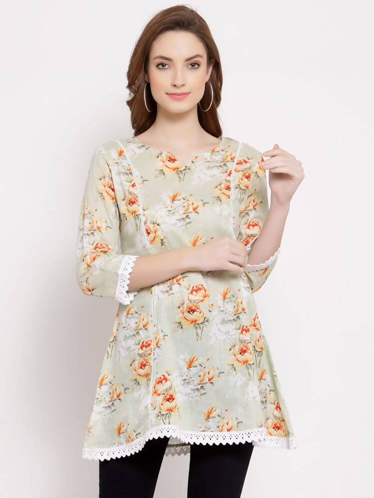 Myshka Women's Off White Cotton 3/4 Sleeve Round Neck Printed Casual Tunic