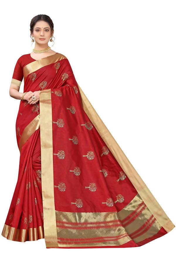 Vamika Red Cotton Polyster Silk Weaving Saree (Kerala Forest)