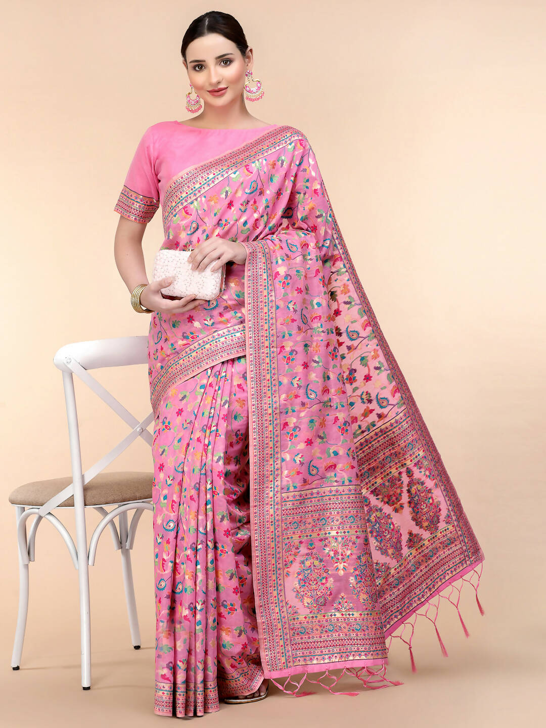 Pink Silk Blend Woven Design Saree With Unstitched Blouse Piece - Aloki - Distacart
