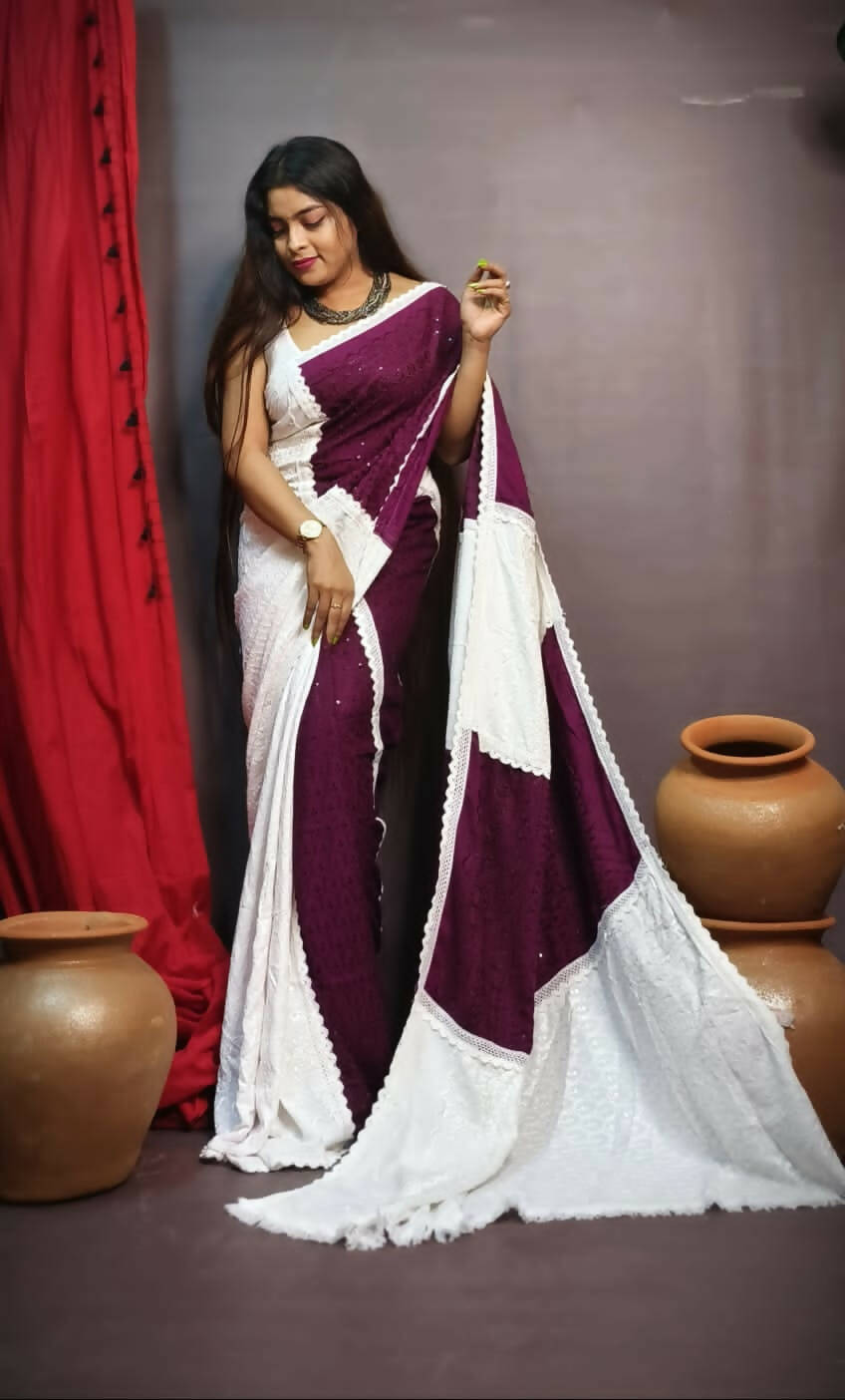 Exclusive Collection Chikankari Sequence Saree - White & Purple - Distacart