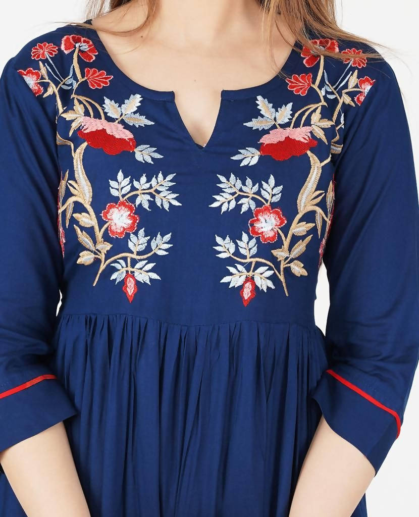 Vamika Blue Rayon Embroidery Party/Casual Wear Kurti