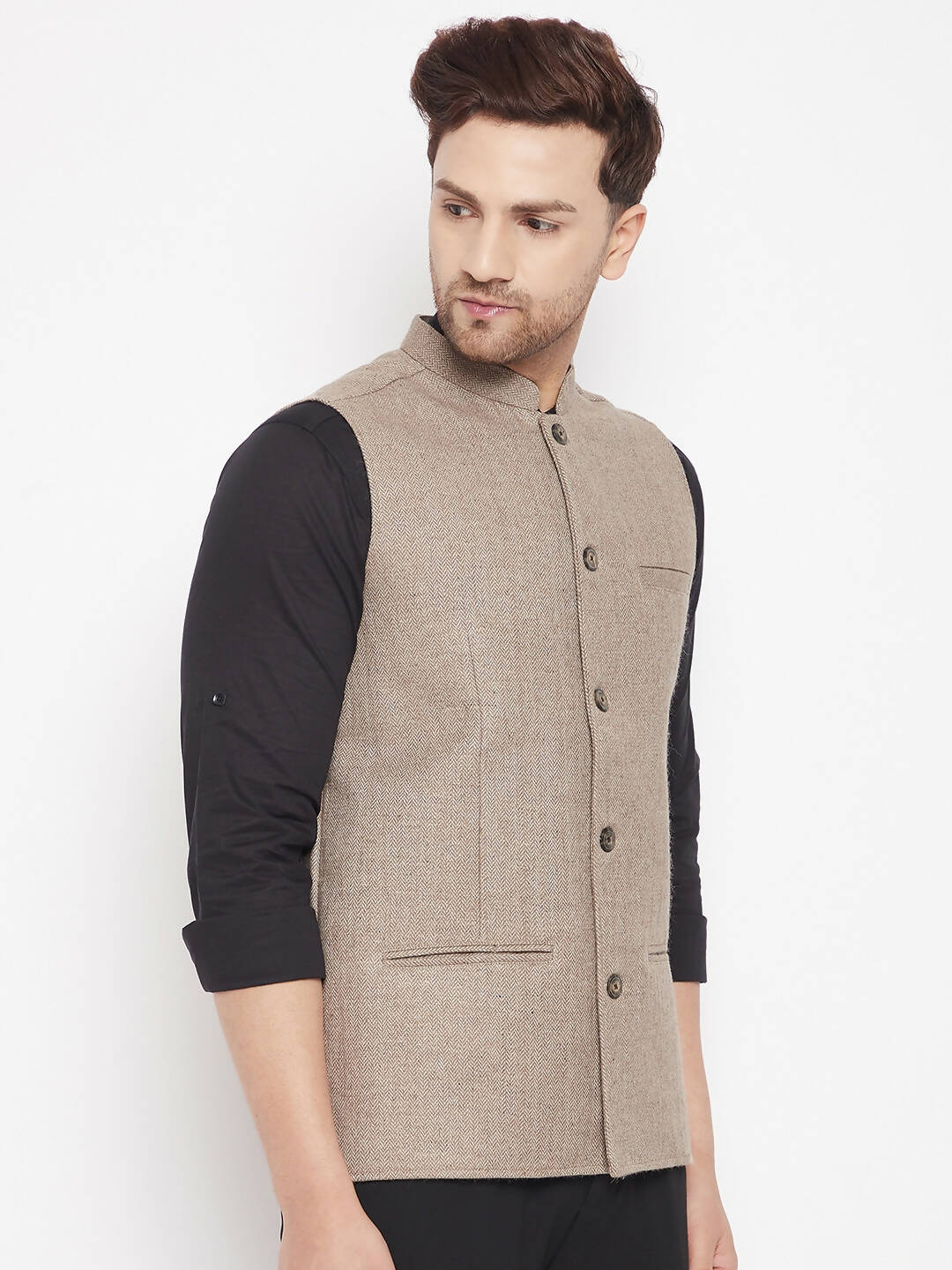 Even Apparels Beige Wool Men Woven Nehru Jacket - Distacart