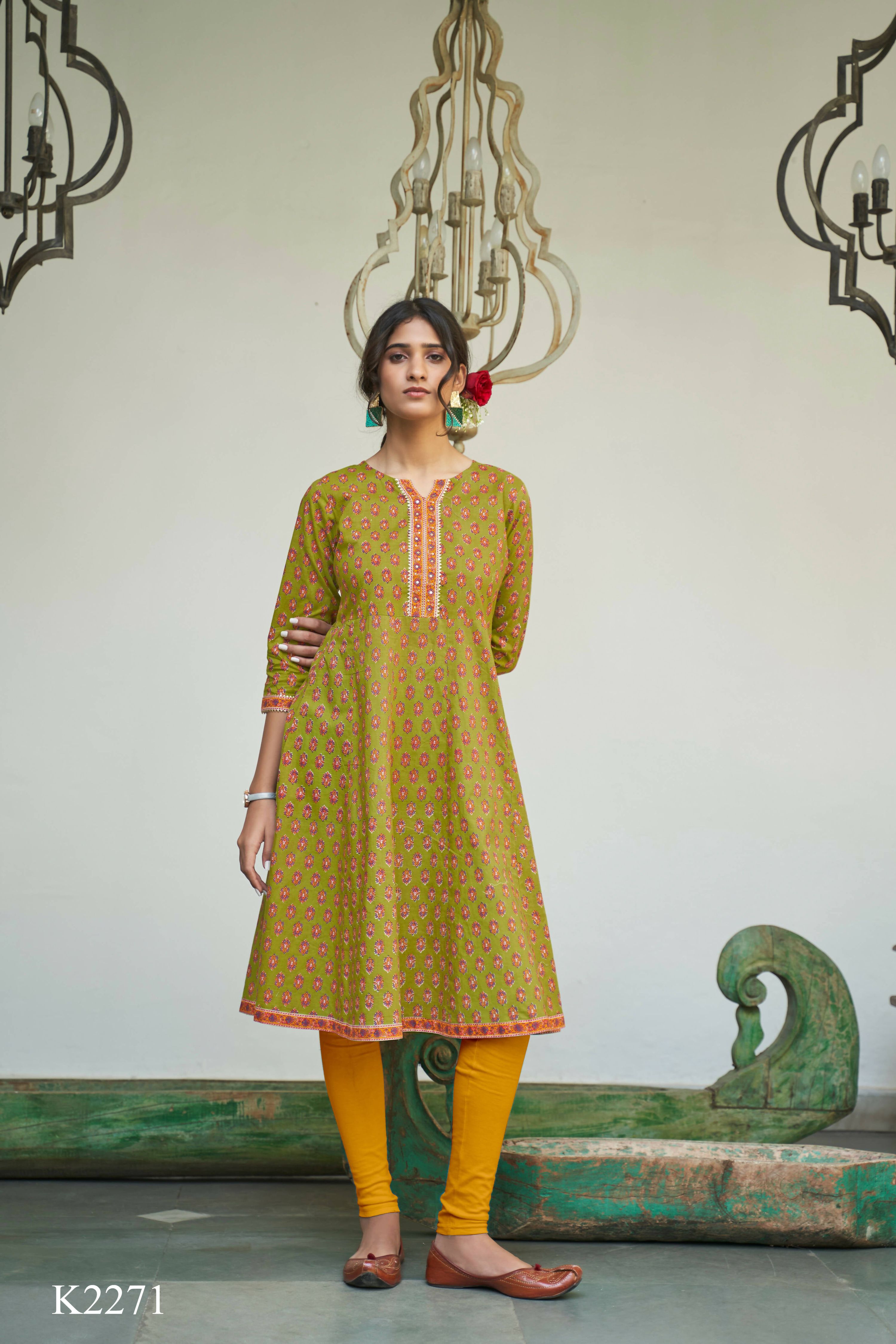 Green Cotton Floral Printed A line Kurta - Prasuti - Distacart