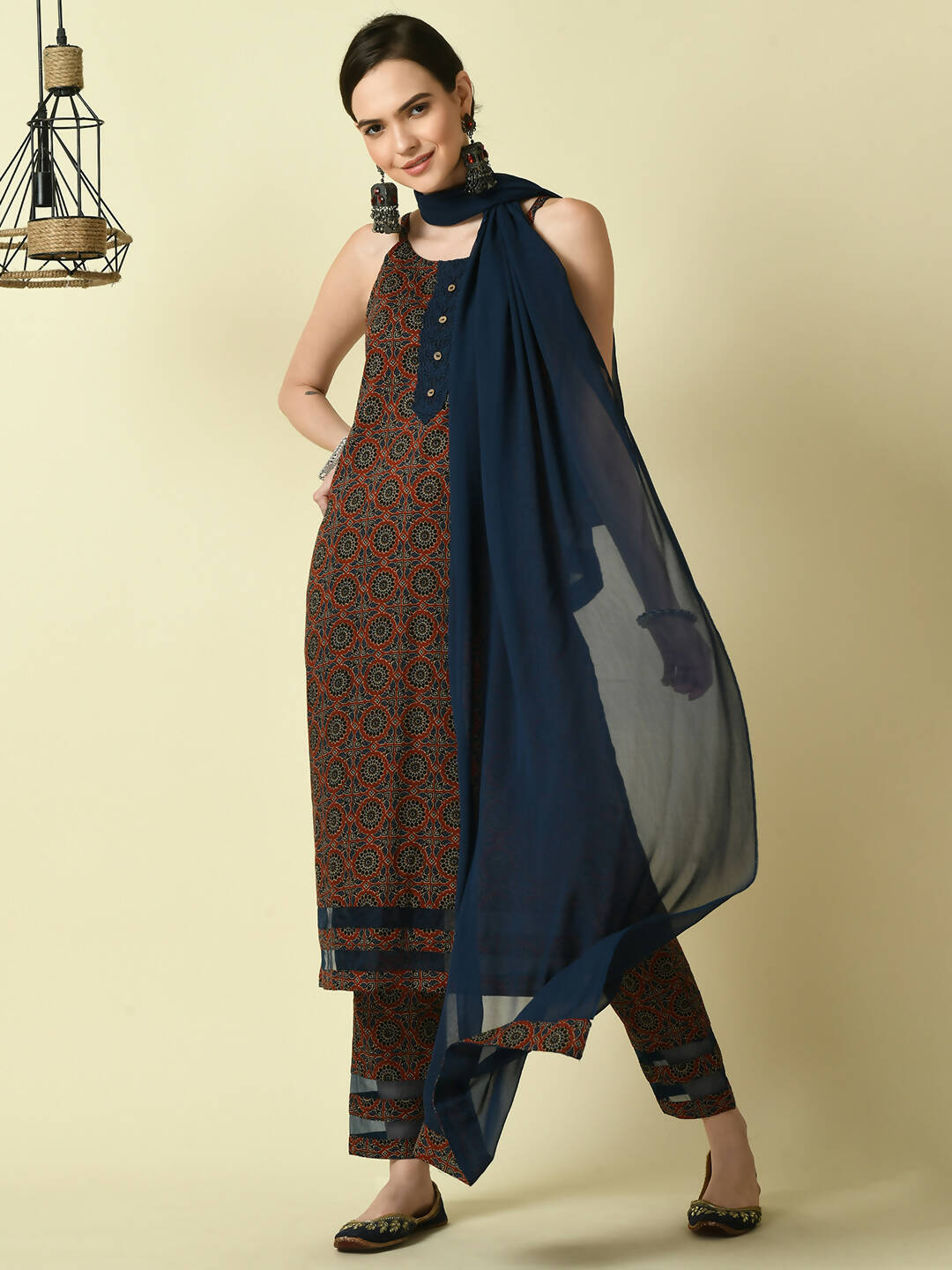 Myshka Women's Multi Straight Kurta & Trousers With Dupatta - Distacart