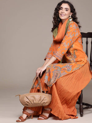 Ritu Kumar Women Rust Orange Pure Cotton Paisley Printed Kurta with Sharara & Dupatta - Distacart