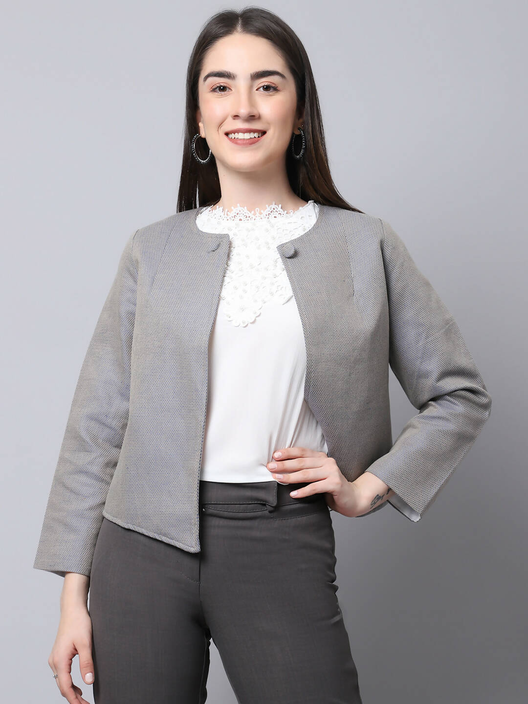 Even Apparels Grey Polywool Open Front Statement Women's Jacket (BF006) - Distacart
