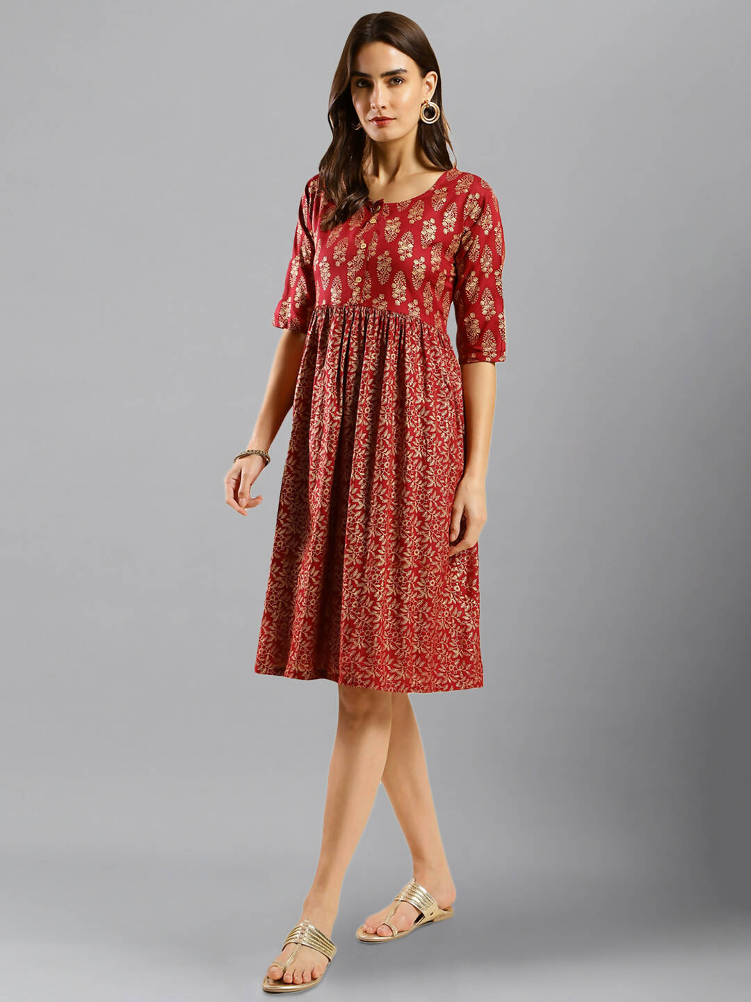 Red Cotton Ethnic Motifs Aline Dress - Poonam - Distacart