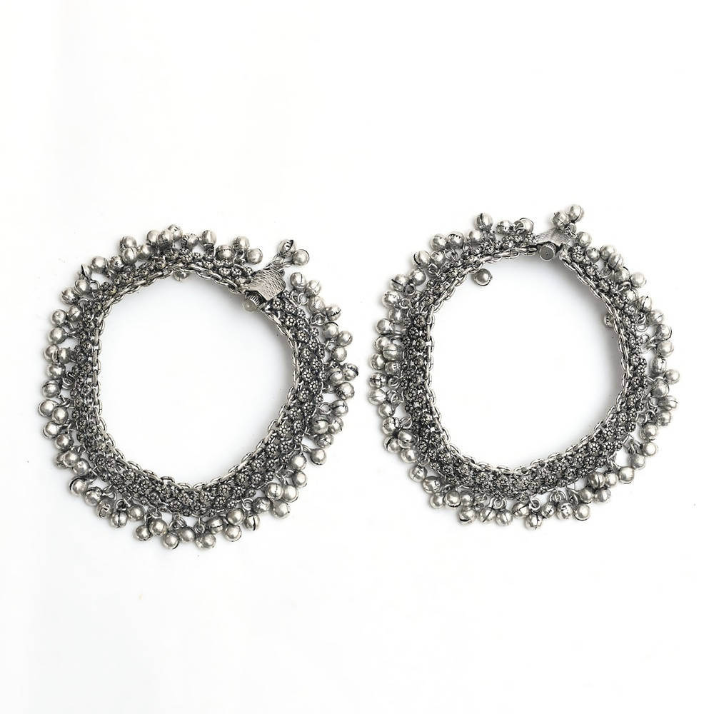 Mominos Fashion Kamal Johar Oxidised Silver Traditional Wear Anklets