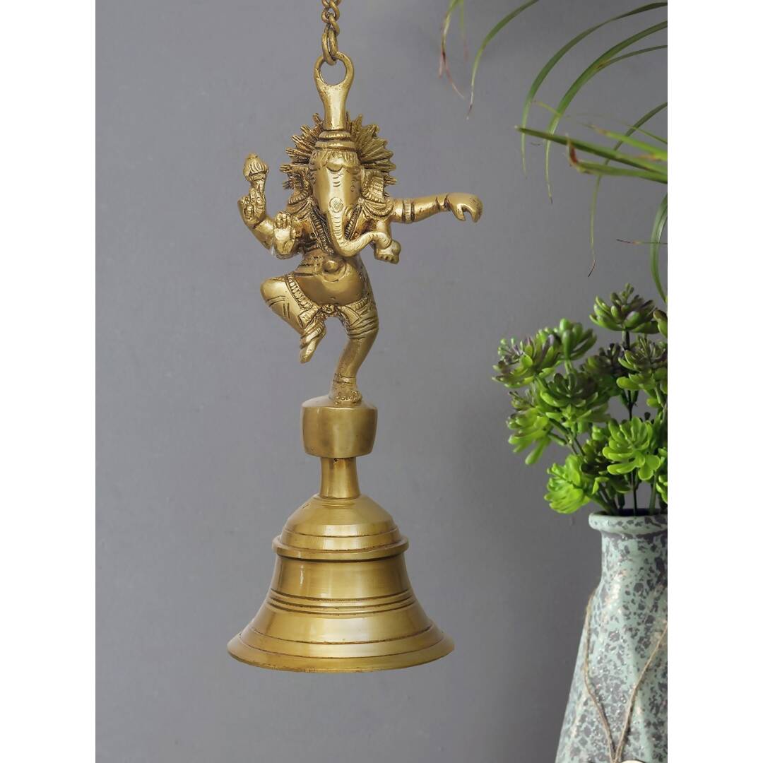 eCraftIndia Golden Brass Dancing Ganesha Idol Wall Hanging Bell With Chain - Distacart