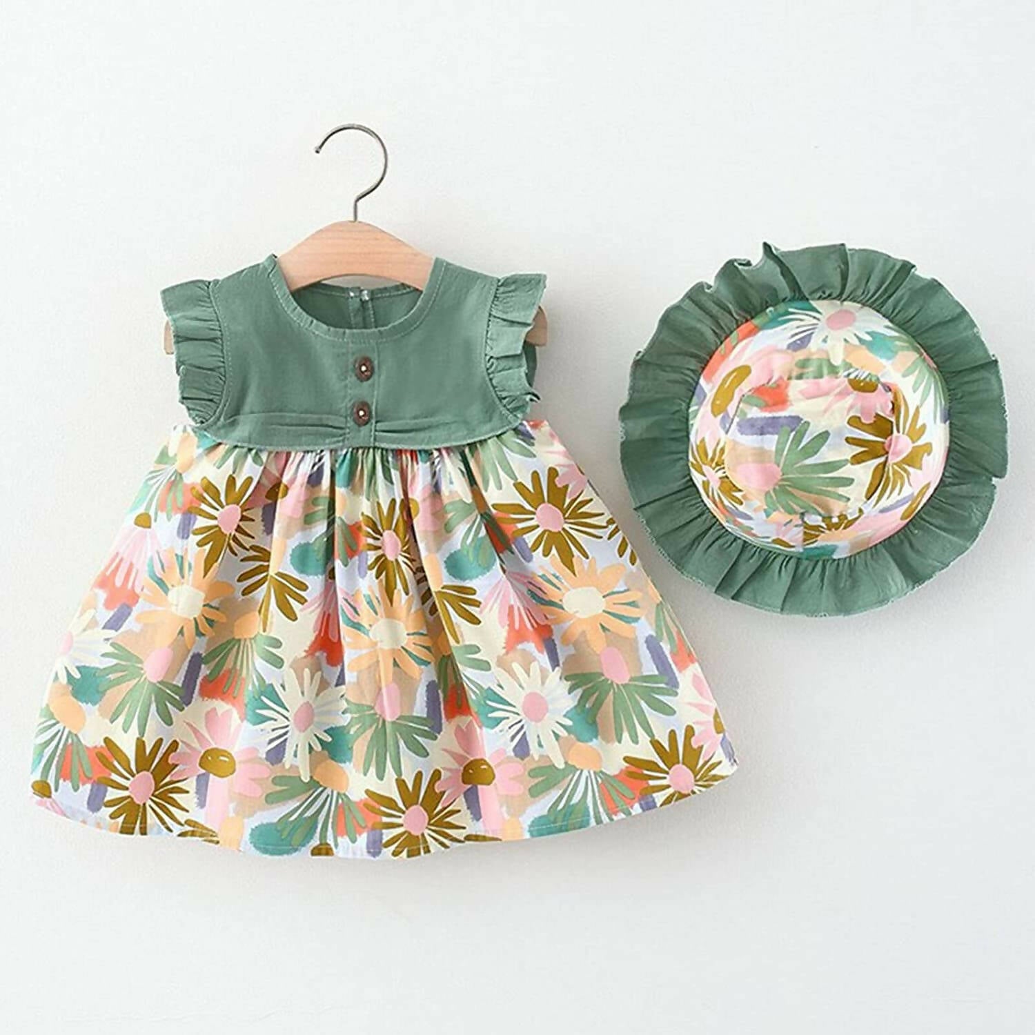Bold N Elegant Cotton Floral Printed Ruffle Sleeve Princess Dress Frock With Fabric Hat Cap - Green - Distacart