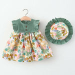 Thumbnail for Bold N Elegant Cotton Floral Printed Ruffle Sleeve Princess Dress Frock With Fabric Hat Cap - Green - Distacart