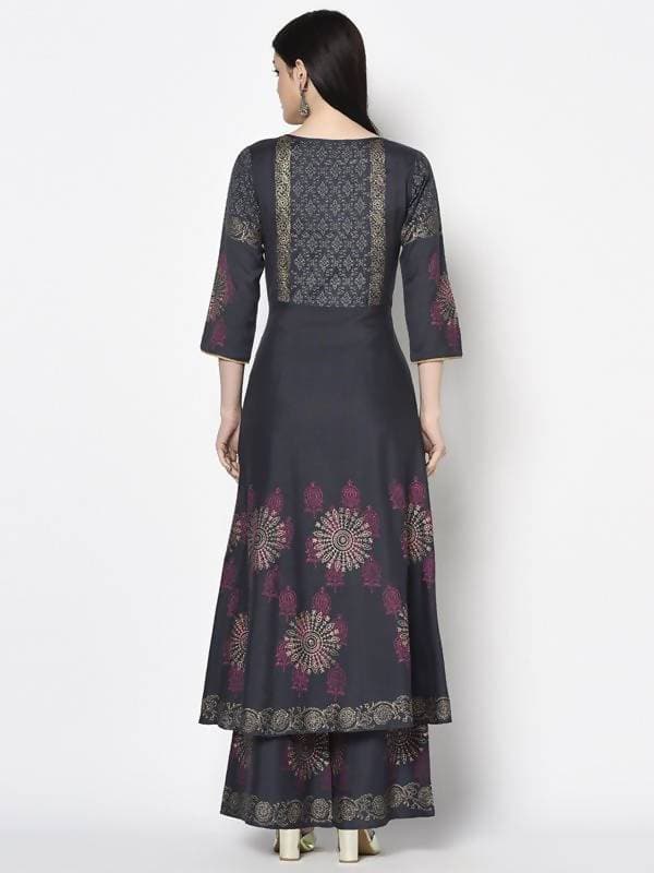 Aniyah Rayon Dark Grey Color Block Print Anarkali Palazzo Set (AN-199K)