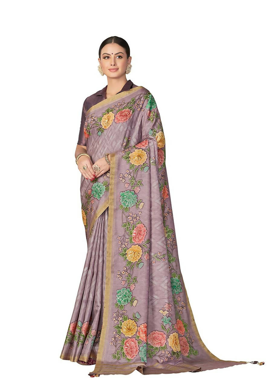 Lavendar Rangkat Tussar Silk Woven Design Saree with Unstitched Blouse - Mohmanthan Eshani - Distacart
