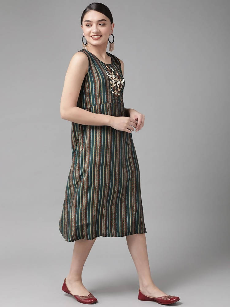 Yufta Teal Green & Coffee Brown Striped Yoke Embroidered Midi A-Line Dress & Ethnic Jacket