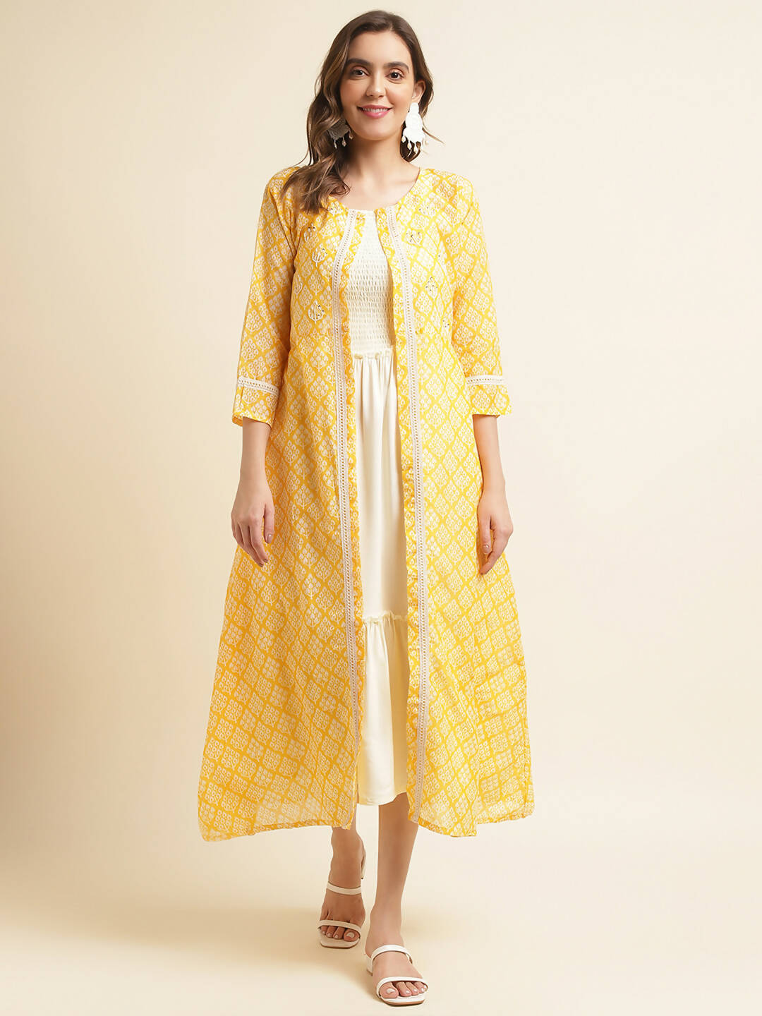 White Cotton Solid Flared Dress with Printed Shrug - Yukti - Distacart