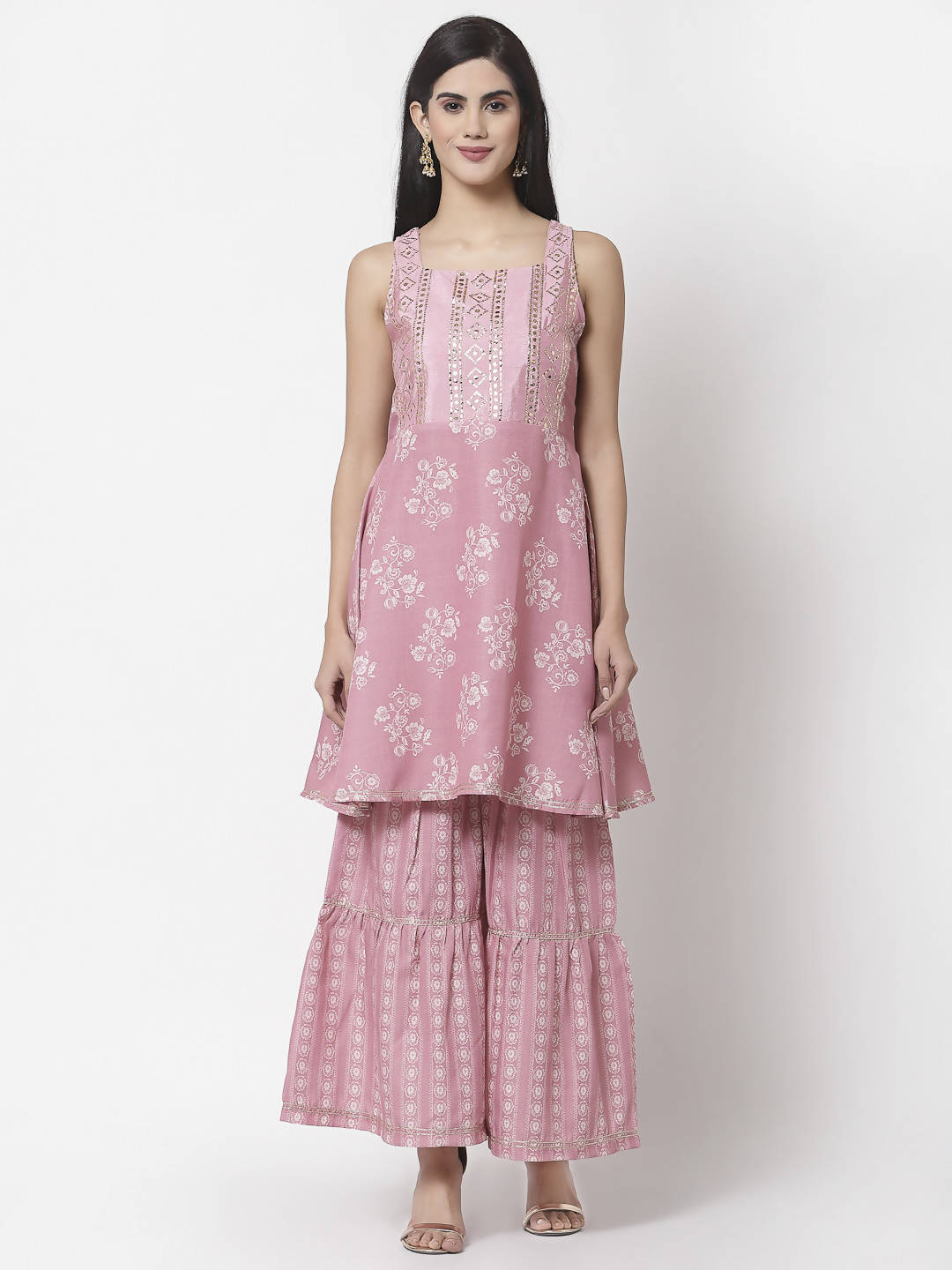 Myshka Women Peach Cotton Blend Printed Sleeveless Shoulder Straps Kurta With Sharara & Dupatta Set