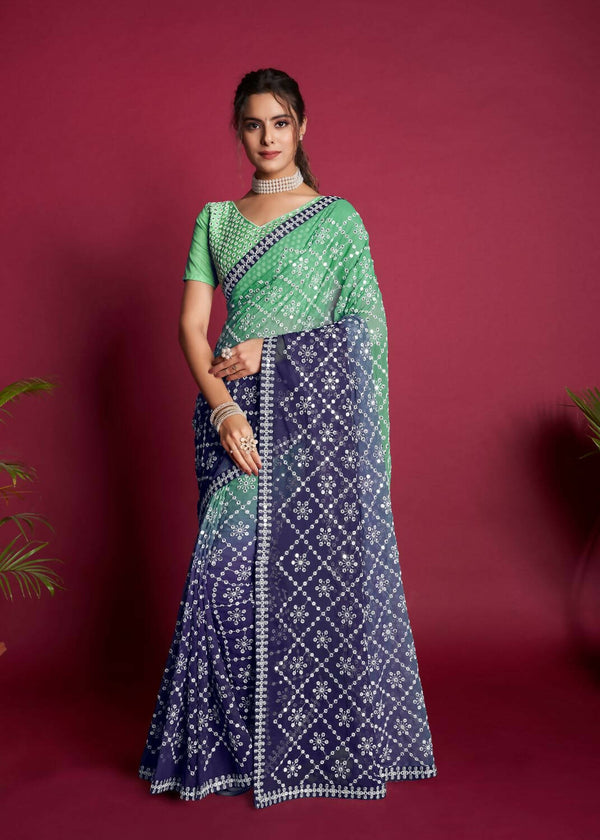 Vamsee Green And Blue Georgette Designer Saree - Distacart