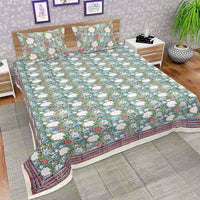 Thumbnail for Premium Jaipuri Hand Block Printed Traditional Cotton Queen Bedsheet with 2 Pillow Covers - Distacart