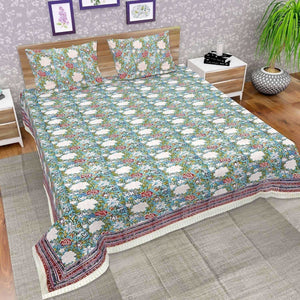 Premium Jaipuri Hand Block Printed Traditional Cotton Queen Bedsheet with 2 Pillow Covers - Distacart