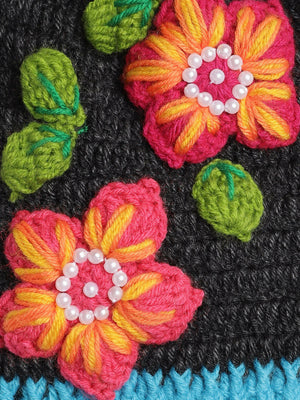 Chutput Kids Woollen Hand Knitted Flower And Beads Embellished Cap - Grey - Distacart