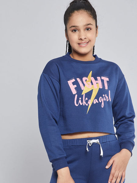 Lyush Blue Fleece FIGHT Crop Sweatshirt For Girls - Distacart