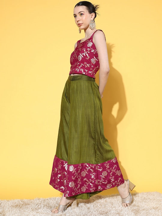 InWeave Women's Pink Brocade Strappy Top W Olive Pink Brocade Palazzo Set - Distacart