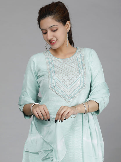 HERE&NOW Green Ethnic Motifs Embroidered Sequined Cotton Kurta Set - Distacart