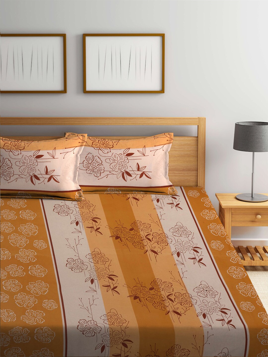 BOMBAY DYEING Beige & Yellow Printed Cotton 104 TC King Bedsheet With 2 Pillow Covers - Distacart