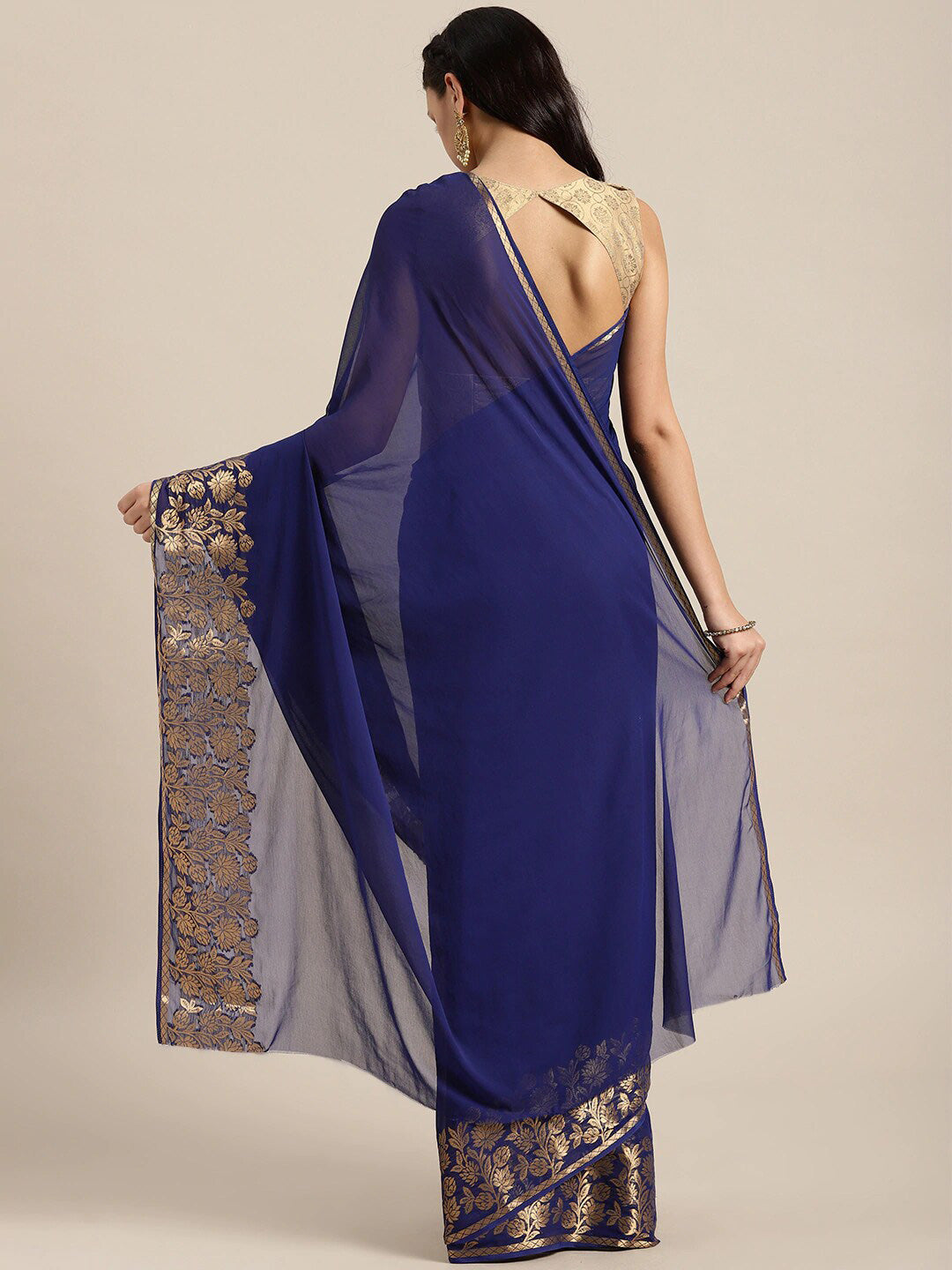 Kalini Navy Blue & Gold-Toned Zari Saree - Distacart