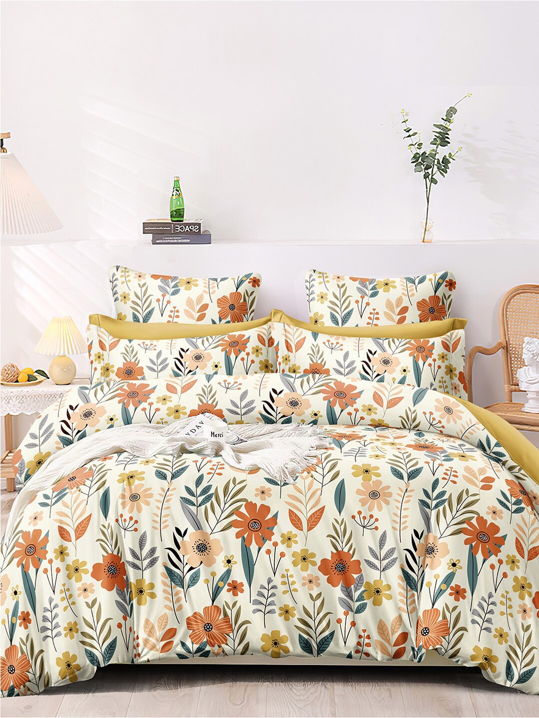 AEROHAVEN Premium Cream-Coloured Floral Cotton 300 TC King Bedsheet & 2 Pillow Covers - Distacart