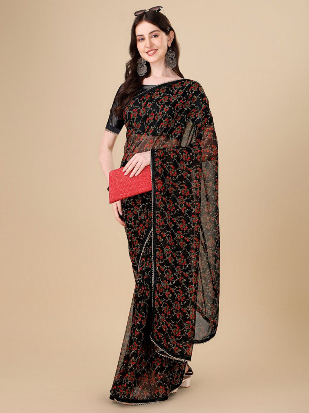 Sangria Black Floral Printed Gotta Patti Detail Pure Chiffon Saree - Distacart
