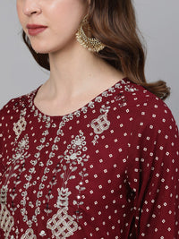 Thumbnail for Ishin Women Maroon Floral Embroidered Angrakha Kurta with Skirt & Dupatta - Distacart