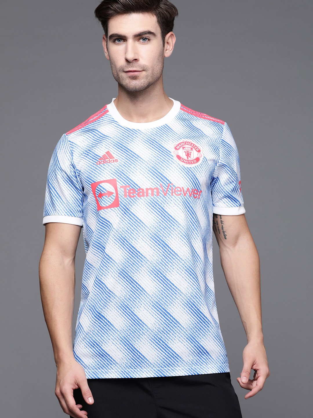 Adidas Men White & Blue Aeroready MANCHESTER UNITED MUFC A JSY Susatainable T-shirt - Distacart