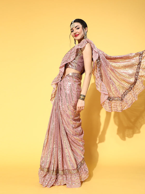 Mitera Pink Pure Georgette Saree with Zari Border - Distacart