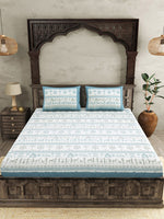 Thumbnail for JAIPUR FABRIC Blue Ethnic Motifs Cotton 250 TC Super King Bedsheet With 2 Pillow Covers - Distacart