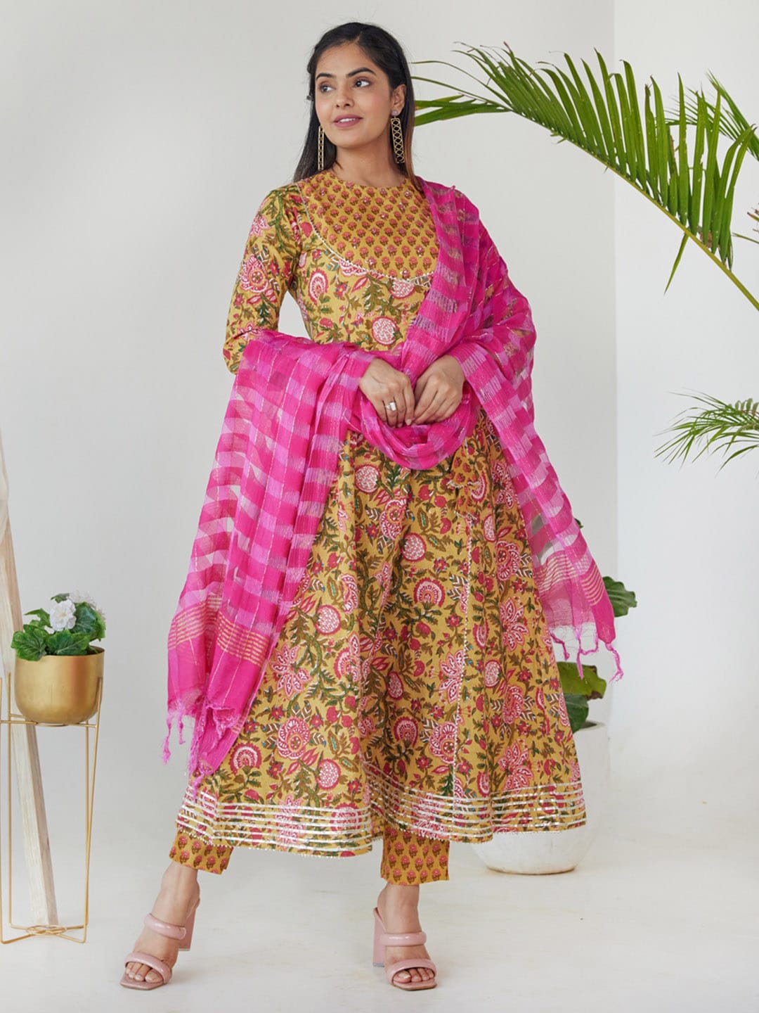 HERE&NOW Women Mustard Yellow Floral Printed Angrakha Gotta Patti Pure Cotton Kurta with Trousers & With - Distacart