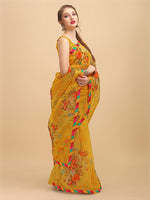 Thumbnail for Sangria Mustard & Orange Floral Mirror Work Organza Saree - Distacart