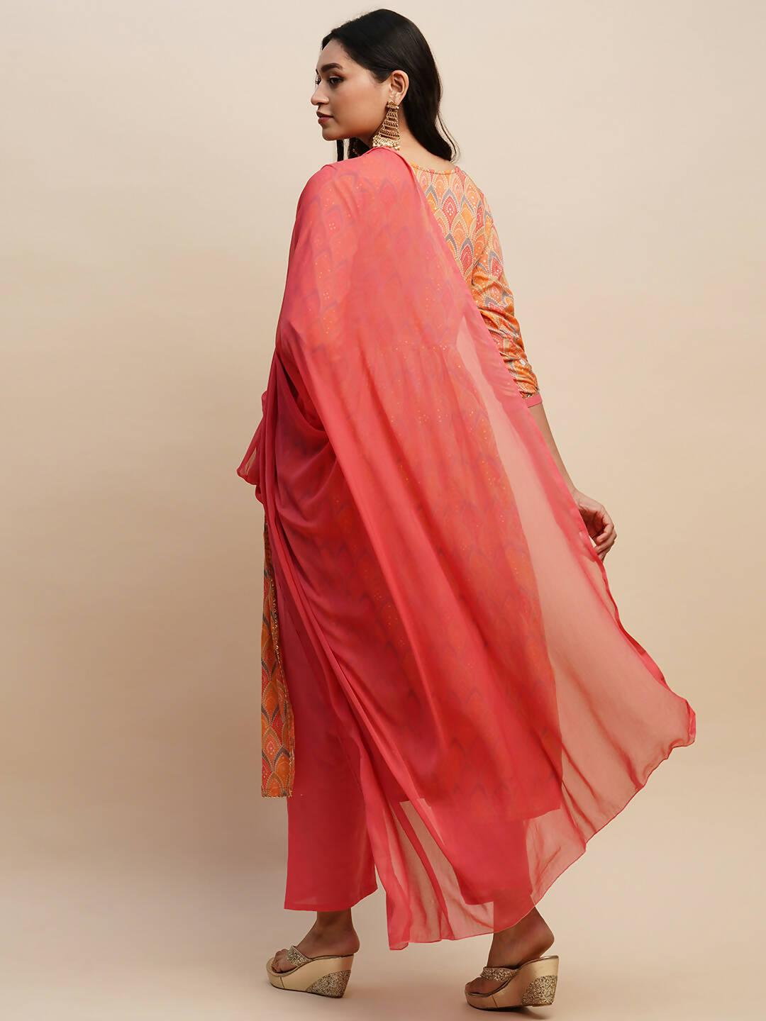 Orange Pure Cotton Bandhani Printed Naira Cut Kurta And Bottom With Dupatta - Akashara - Distacart