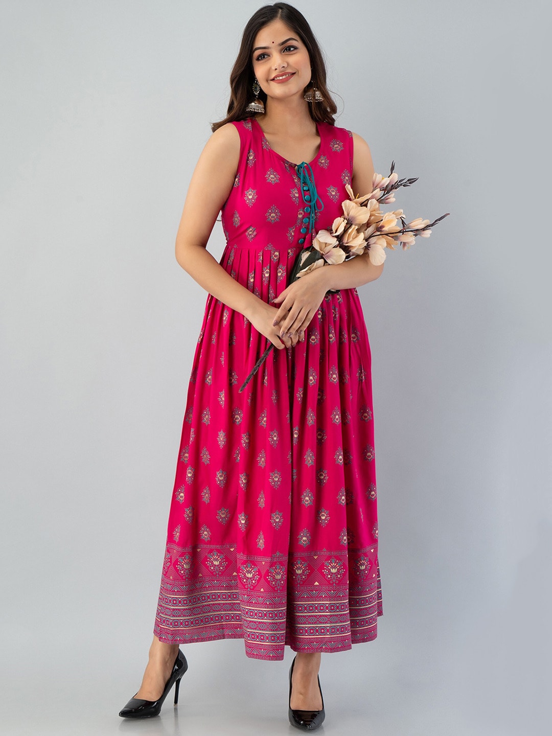Kalini Women Pink & Blue Ethnic Motifs Printed Anarkali Kurta - Distacart