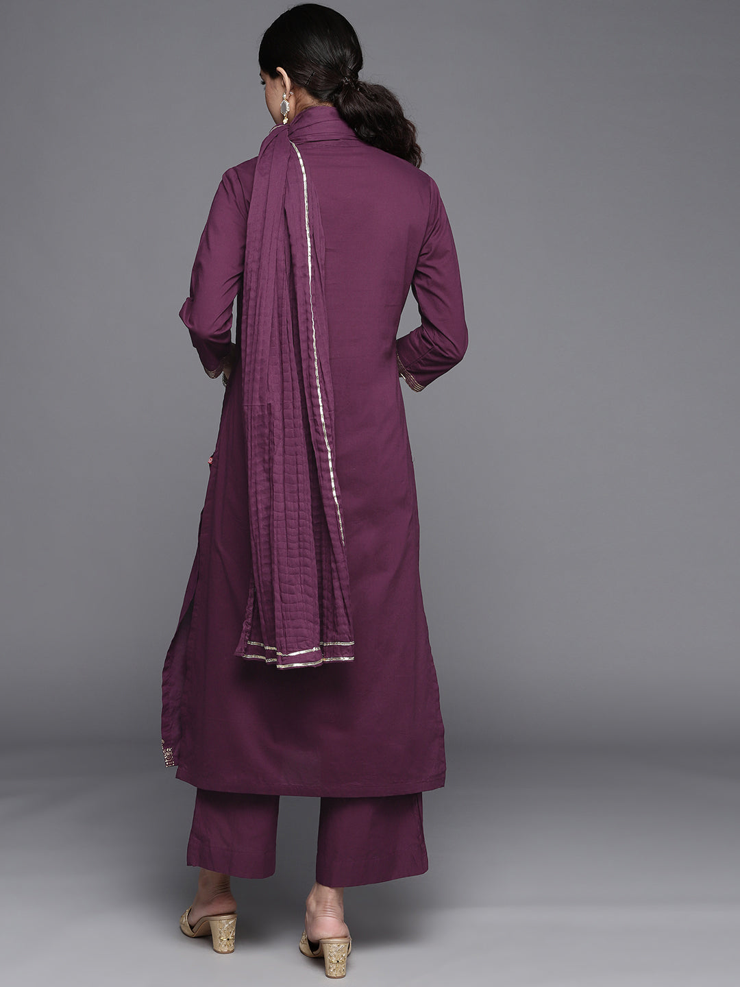 Biba Women Purple & Golden Printed Pure Cotton Kurta with Palazzos & Dupatta - Distacart