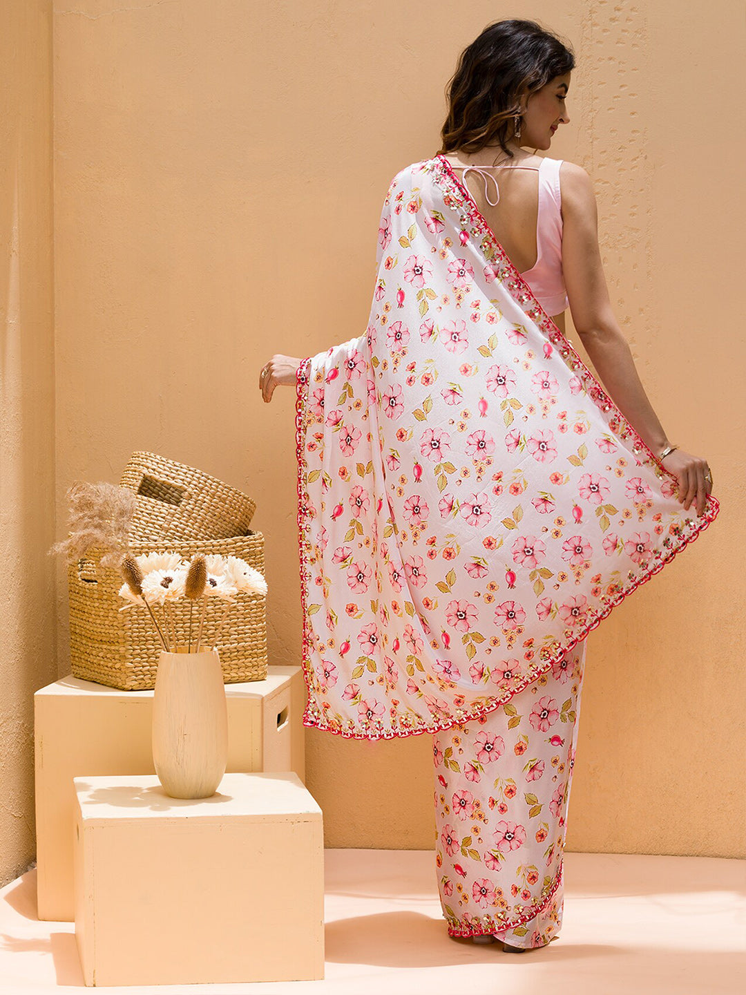 Koskii Floral Printed Mirror Work Saree - Distacart