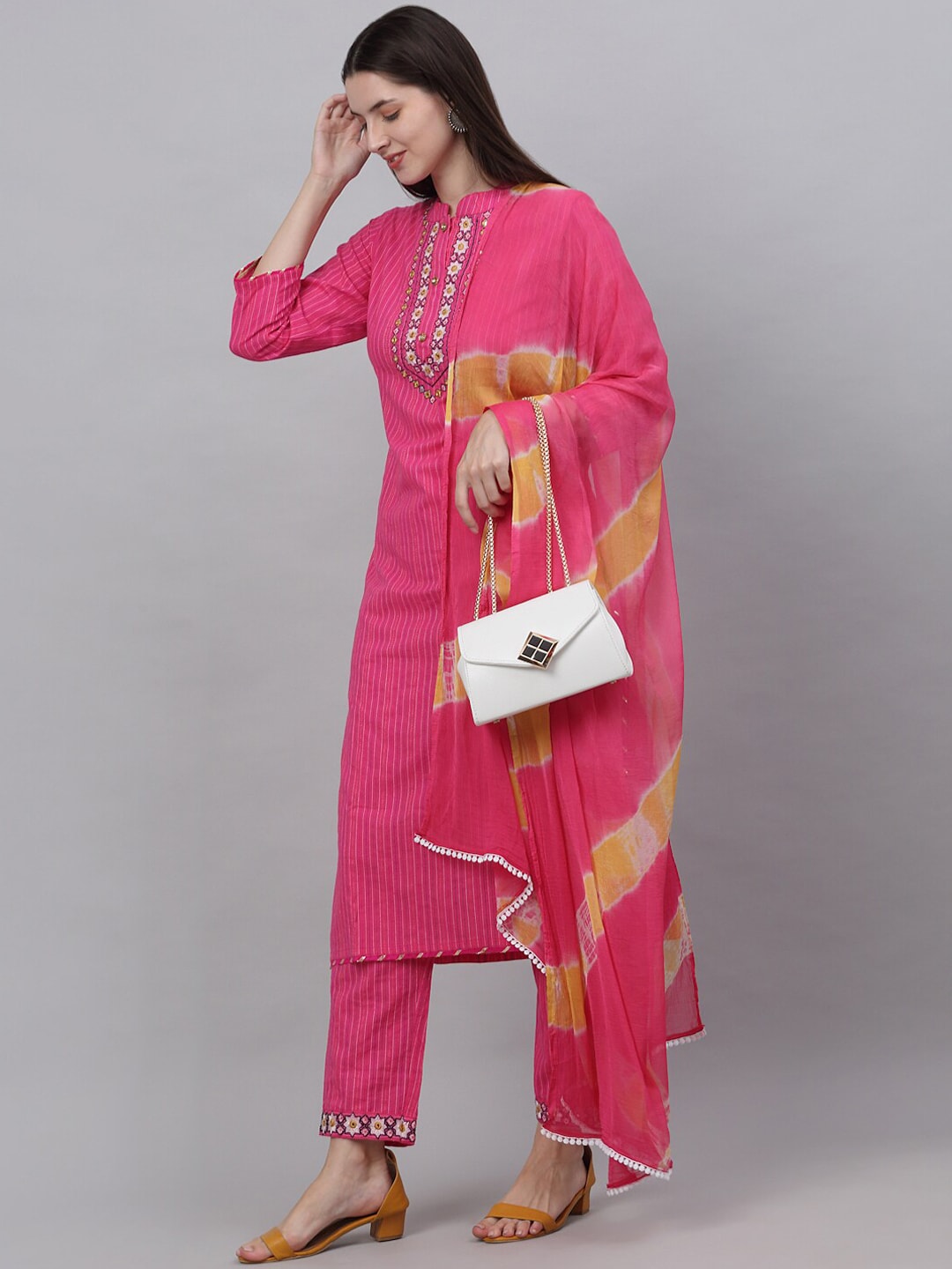Kalini Women Pink Floral Embroidered Sequinned Pure Cotton Kurta with Trousers & With Dupatta - Distacart