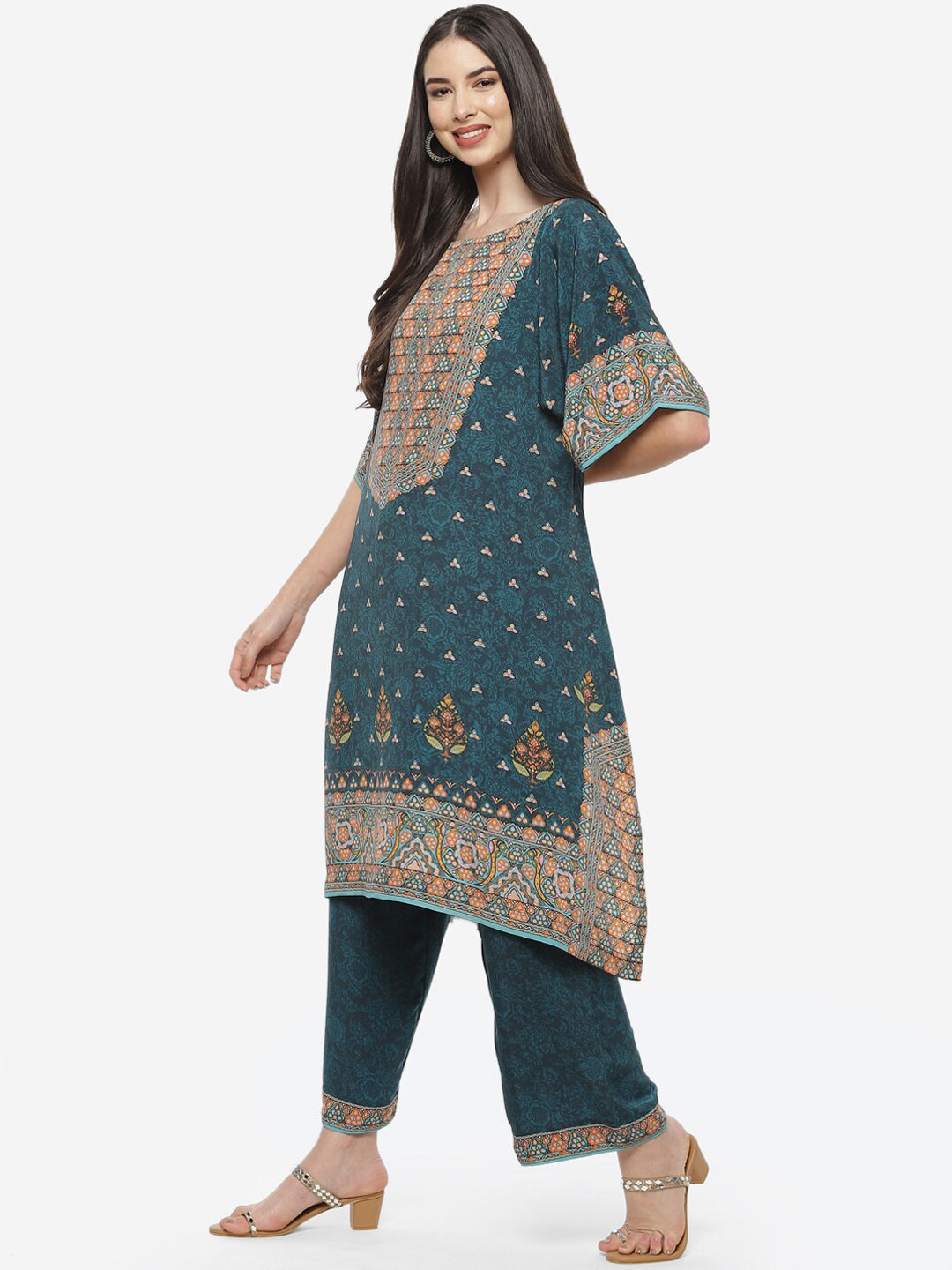 Biba Women Teal Green & Orange Ethnic Motifs Printed Kurta with Palazzos - Distacart