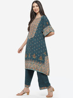 Thumbnail for Biba Women Teal Green & Orange Ethnic Motifs Printed Kurta with Palazzos - Distacart
