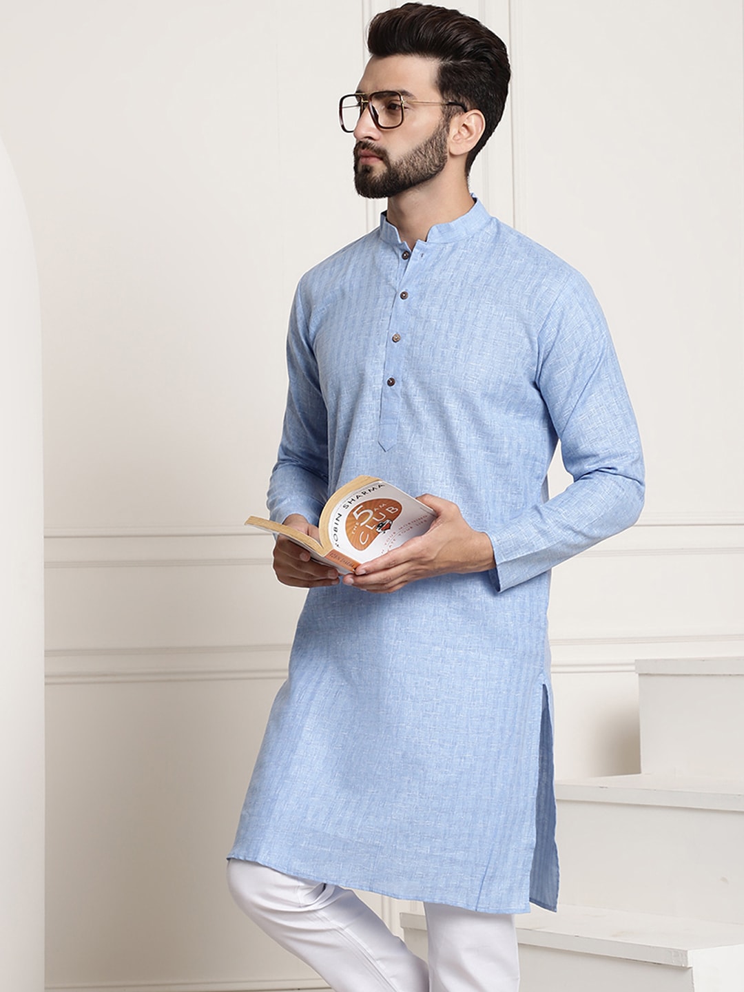 Sojanya Men Blue Dobby Self-Checked Straight Kurta - Distacart
