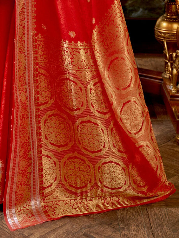 Mitera Red & Gold-Toned Woven Design Zari Silk Blend Banarasi Saree - Distacart