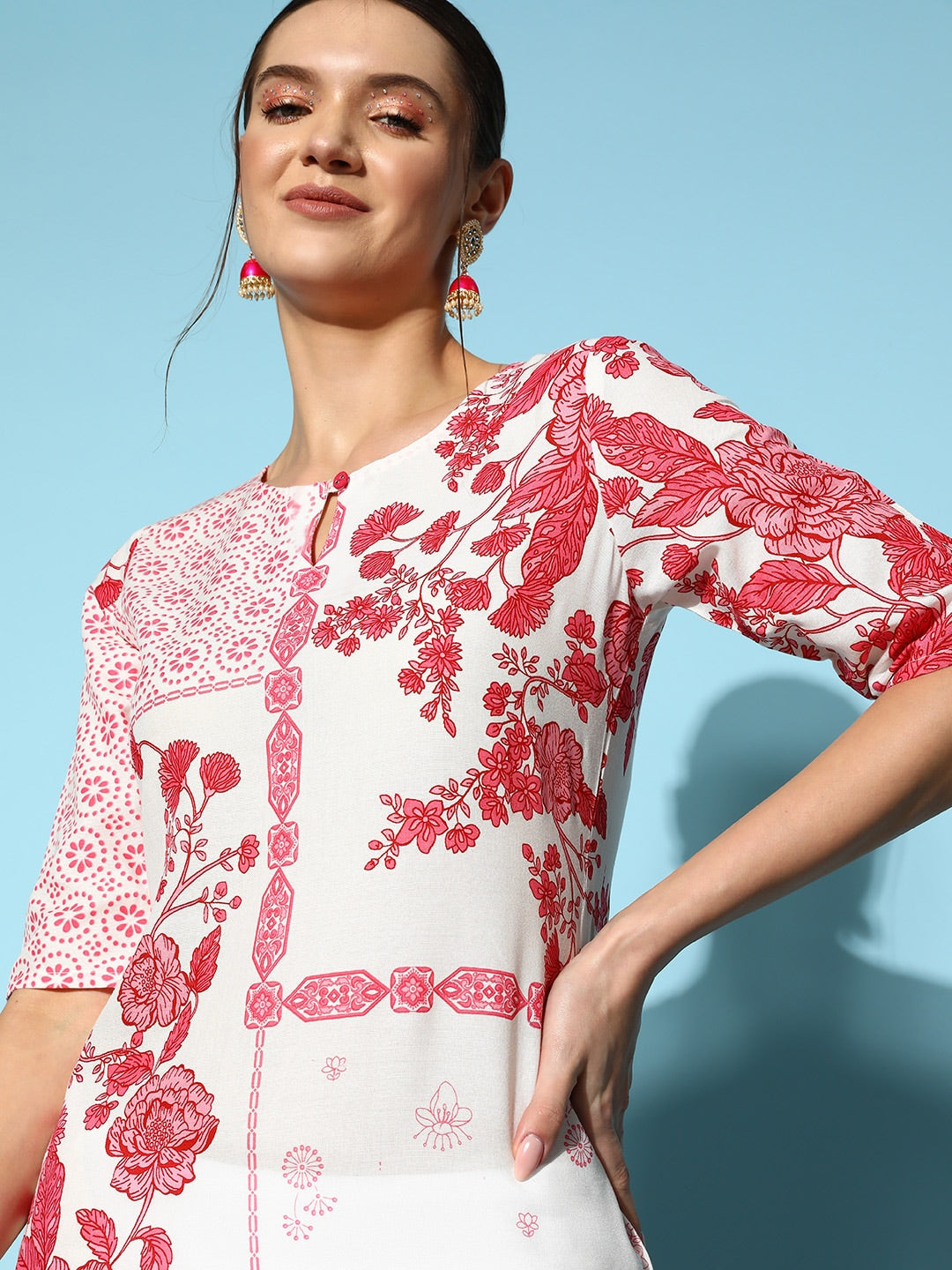 Sangria Women Floral Printed Keyhole Neck Floral Kurta - Distacart