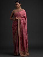 Thumbnail for Koskii Pink & Gold-Toned Floral Embroidered Art Silk Saree - Distacart