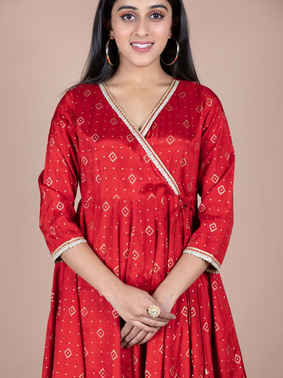 HERE&NOW Red & Beige Ethnic Motifs Printed Angrakha Gotta Patti Kurta with Trousers - Distacart